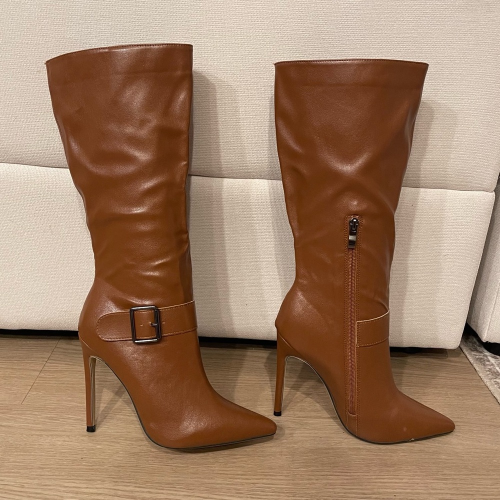 Brown Leather Knee-High Stilettos Women's Boots